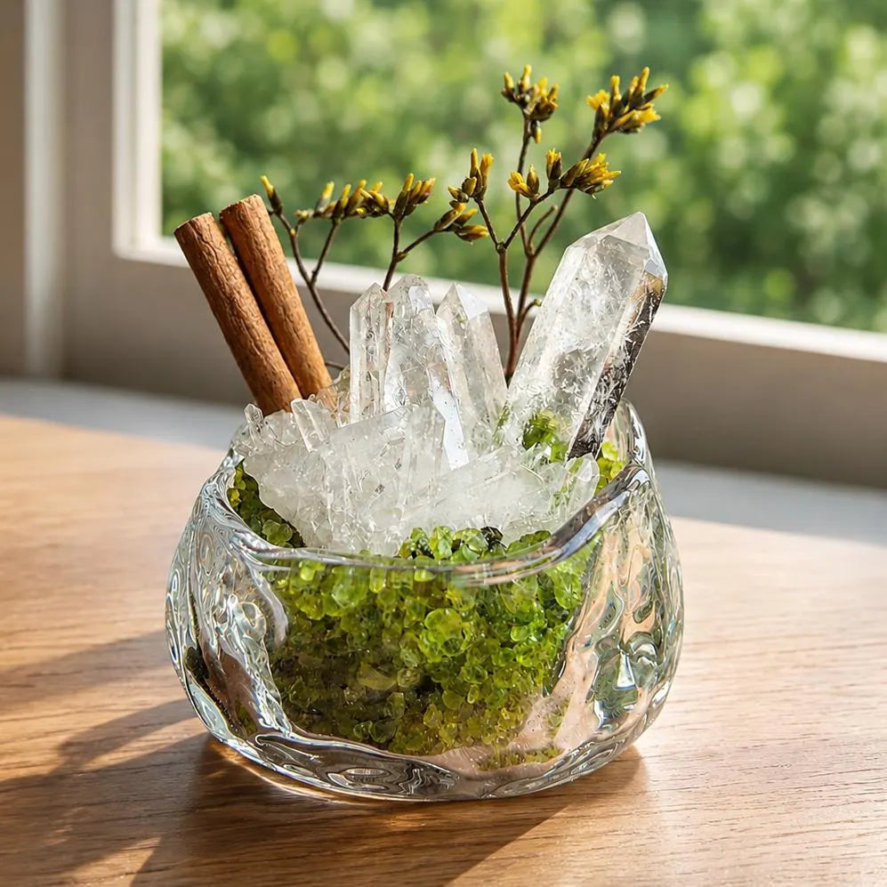 Clear quartz and peridot miniature garden on a sunlit windowsill.