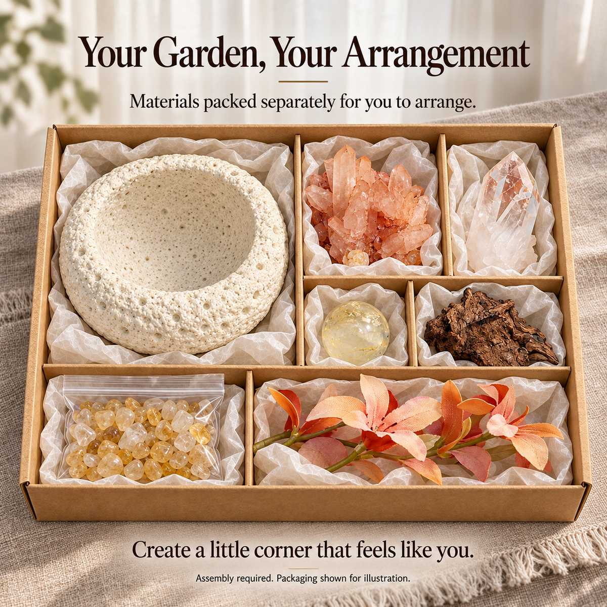 Separately packed bowl, crystals, citrine sphere, chips, wood and flowers for self assembly; illustrative packaging
