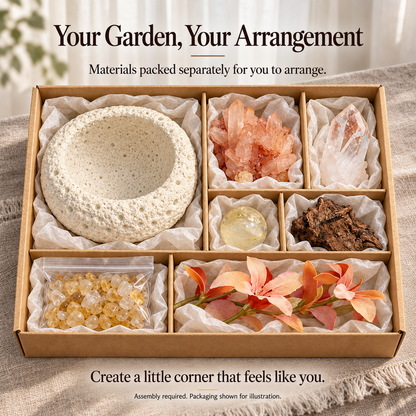 Separately packed bowl, crystals, citrine sphere, chips, wood and flowers for self assembly; illustrative packaging