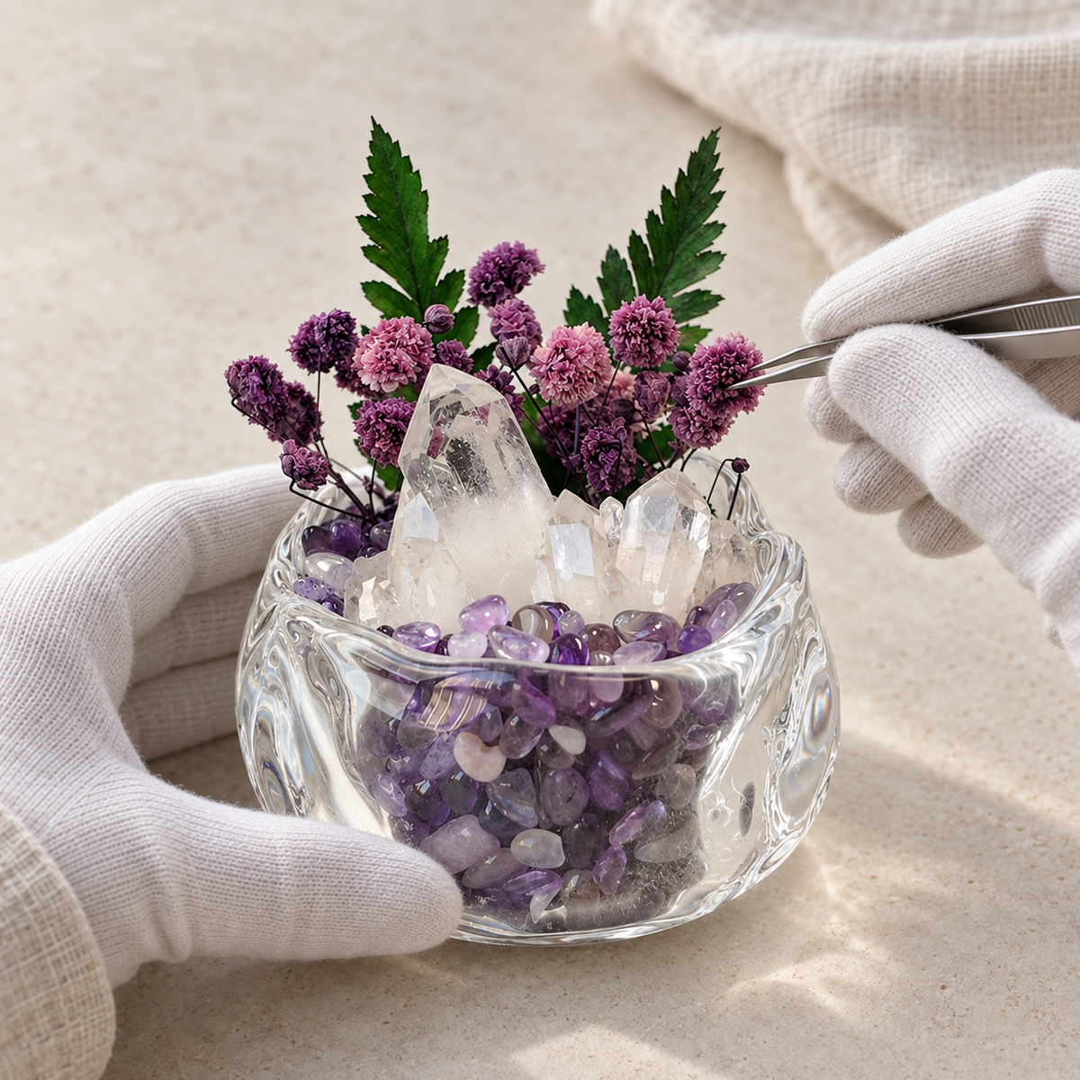 White-gloved hands arranging the purple floral crystal garden