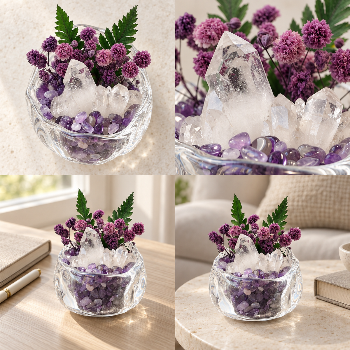Four views showing crystal details and the garden in home settings
