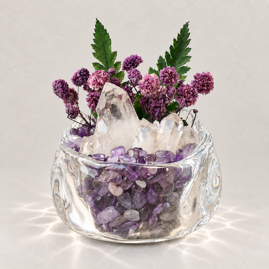 Clear quartz crystal garden with purple crystal chips and flowers in a sculptural glass bowl