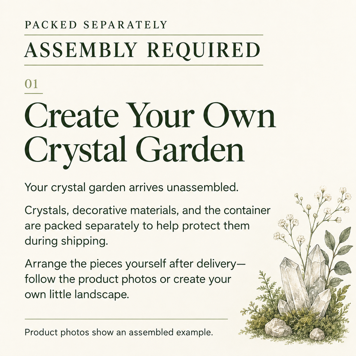 Packed separately · Assembly required. Create your own crystal garden. Product photos show an assembled example.