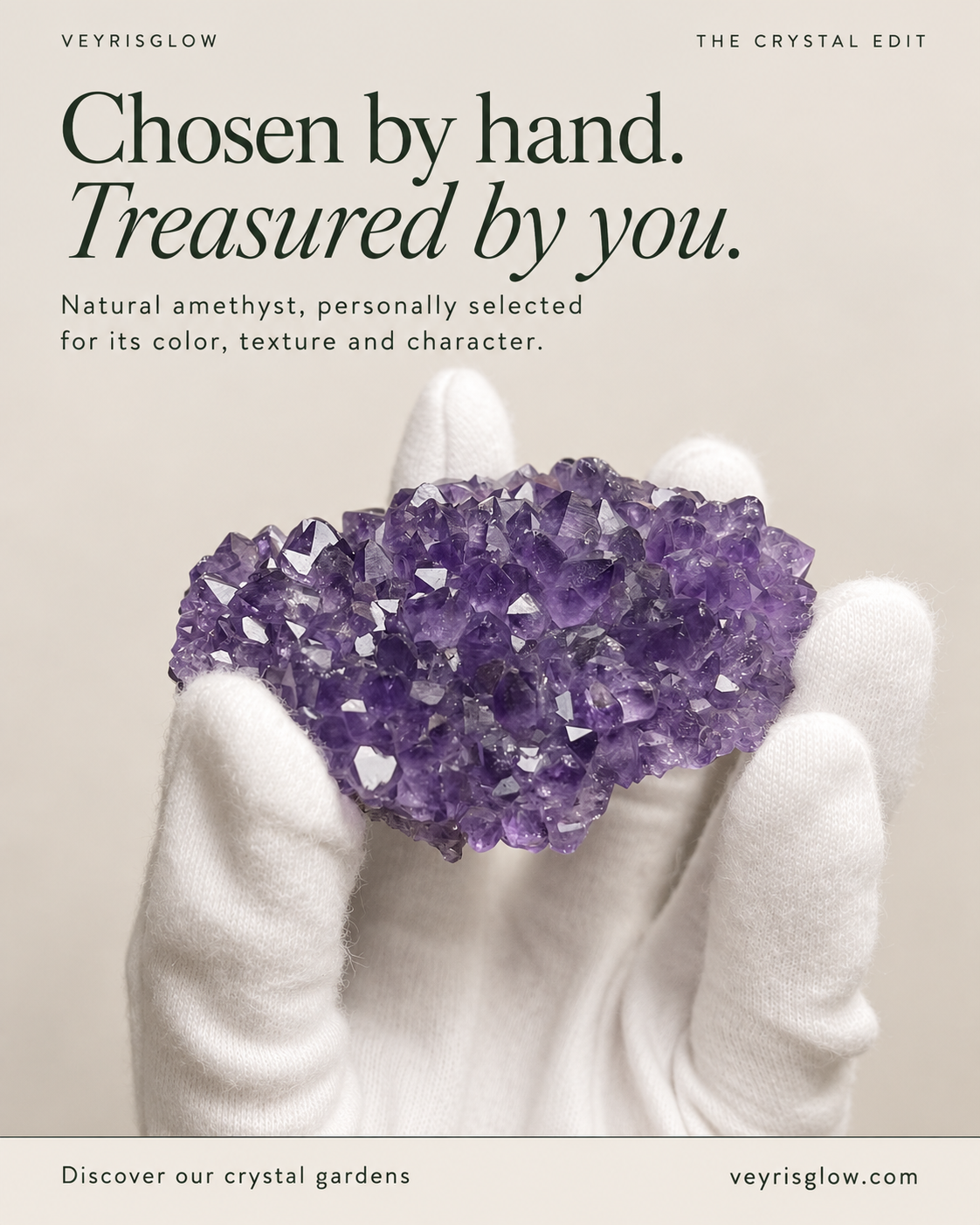 A white-gloved hand holding a natural amethyst cluster selected for its color and crystal faces.