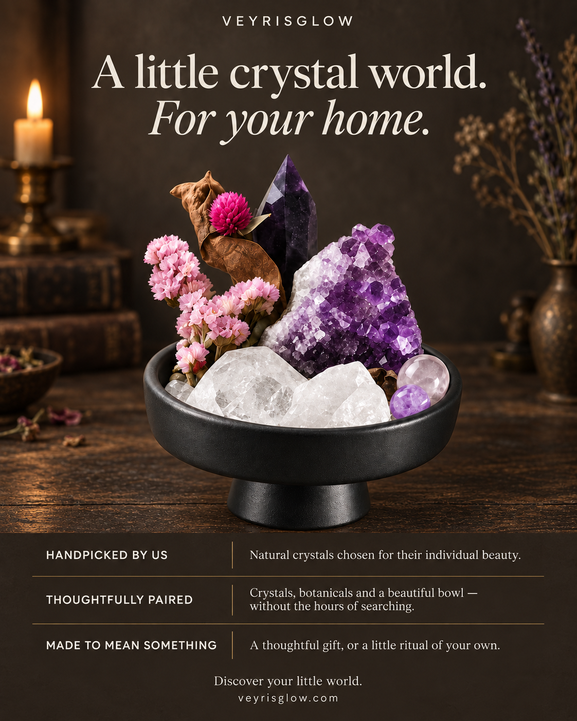 A purple crystal garden in a black pedestal bowl against a warm charcoal-brown background.