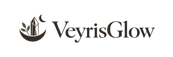 VeyrisGlow — crystal, crescent moon and botanical logo
