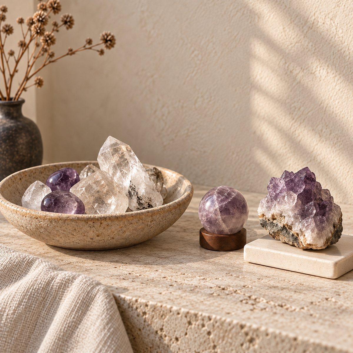 Clear quartz and purple crystals styled with natural ceramic, stone and linen in warm daylight